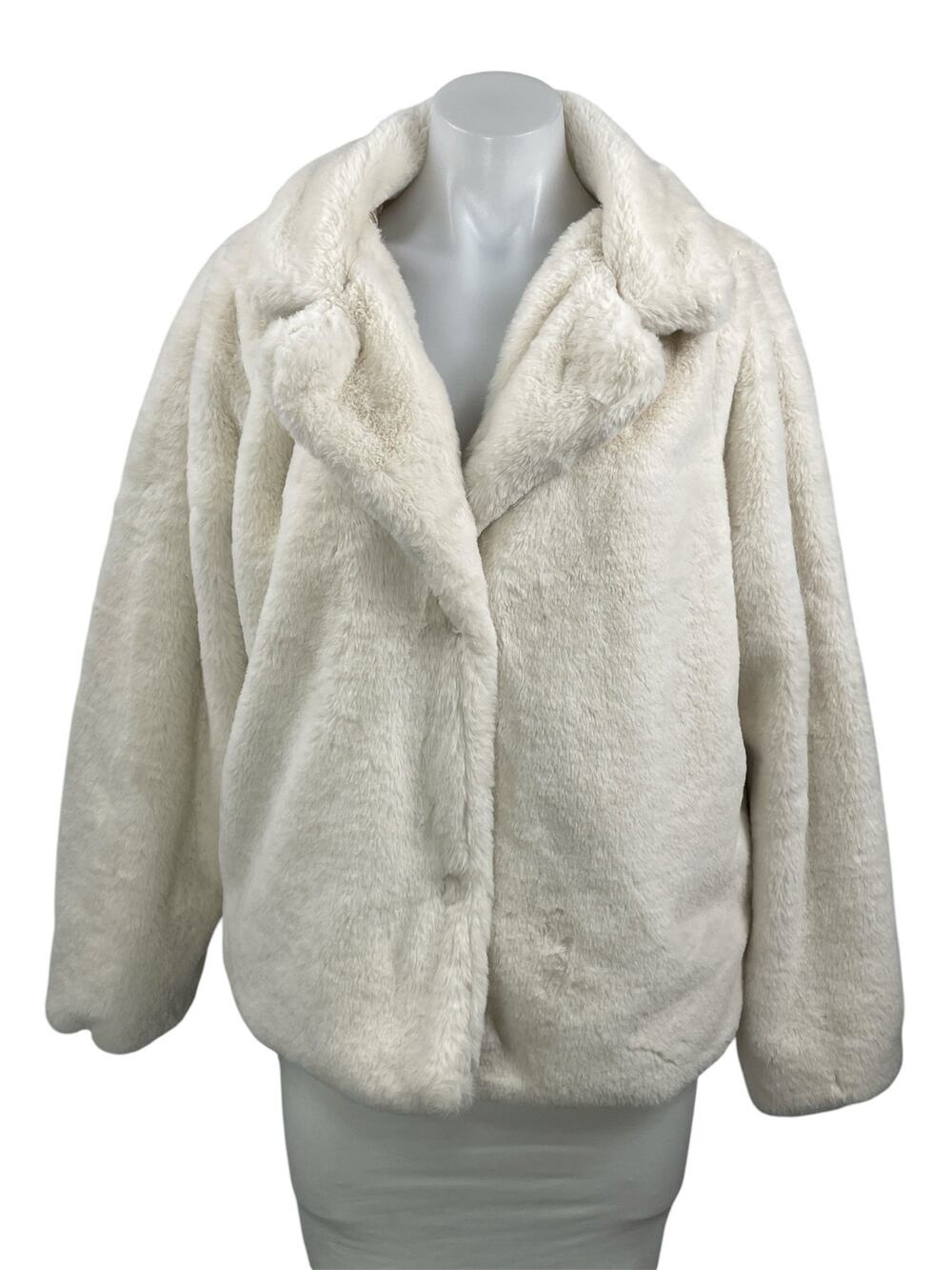 JouJou Women's White Long Sleeves Faux Fur Snap Button Fleece Coat Jacket Sz XL